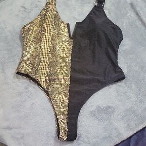 Chic Gold and Black One-Shoulder Bodysuit